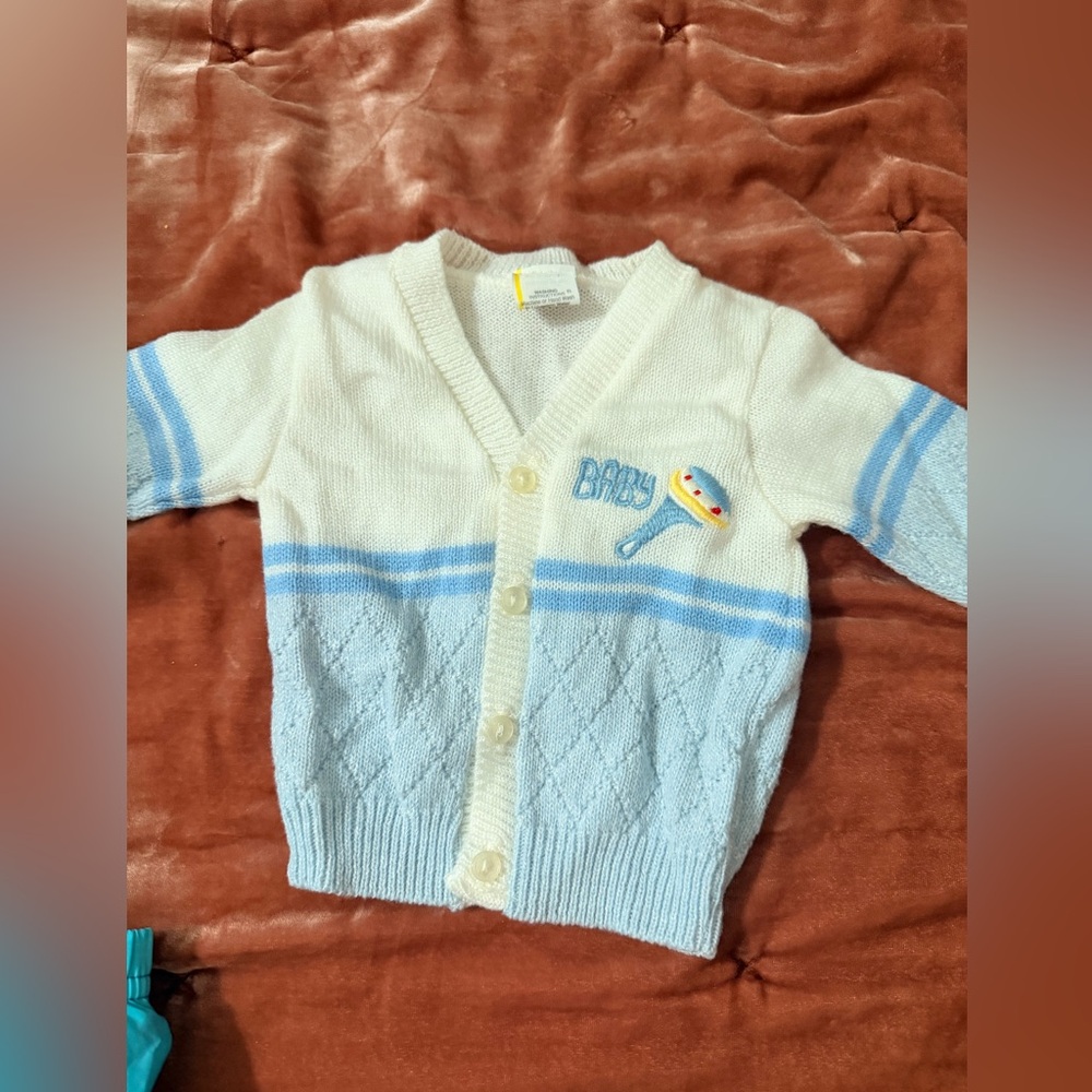 Vintage Baby Blue and Cream Kids Cardigan